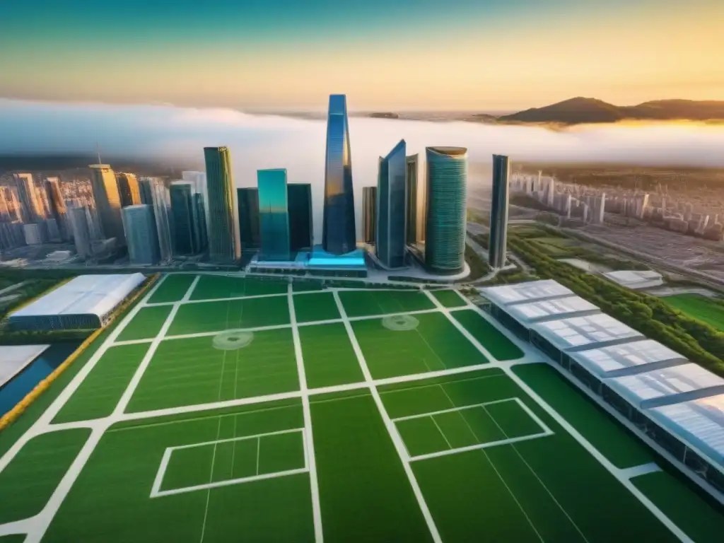 Plan arquitectónico sostenible en ciudad verde Un detallado plano arquitectónico de un edificio sostenible rodeado de la bulliciosa ciudad, en armonía con las leyes verdes del mercado inmobiliario