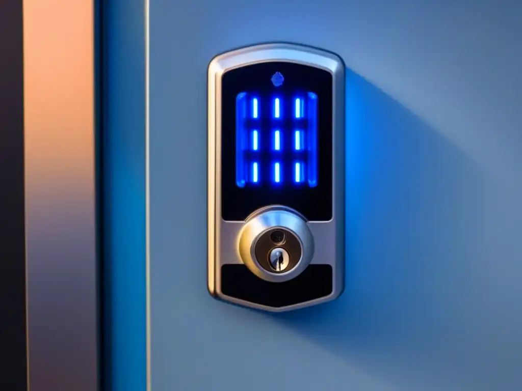 Smart lock de alta tecnología: seguridad e innovación futurista Detalle de cerradura inteligente futurista en puerta de alta tecnología, ideal para inversionistas en cerraduras inteligentes