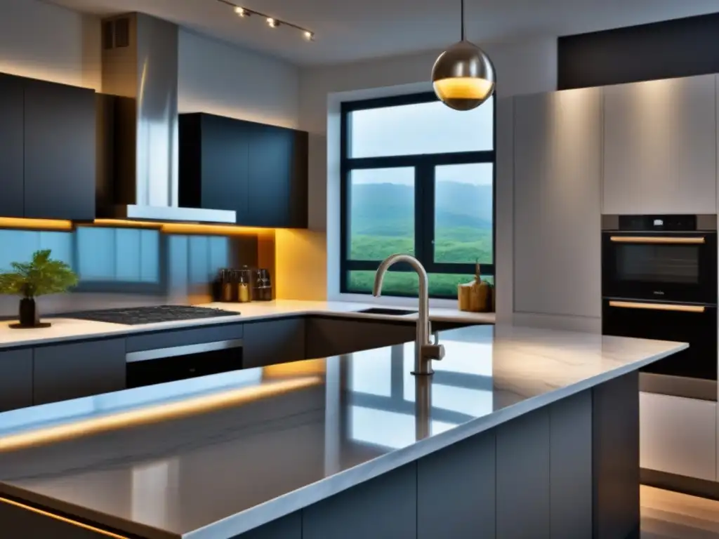 Cocina de lujo: detalles ultradetallados y modernos Detalle de cocina de lujo renovada con electrodomésticos modernos y encimera de mármol, en venta