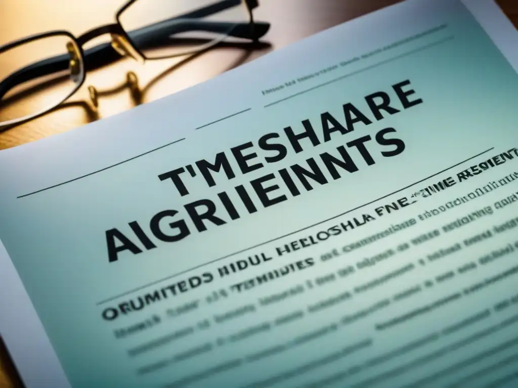 Contrato de Tiempo Compartido: Cláusulas Ocultas en Detalle Detalle excepcional de contrato de tiempo compartido con cláusulas ocultas en español, fondo moderno