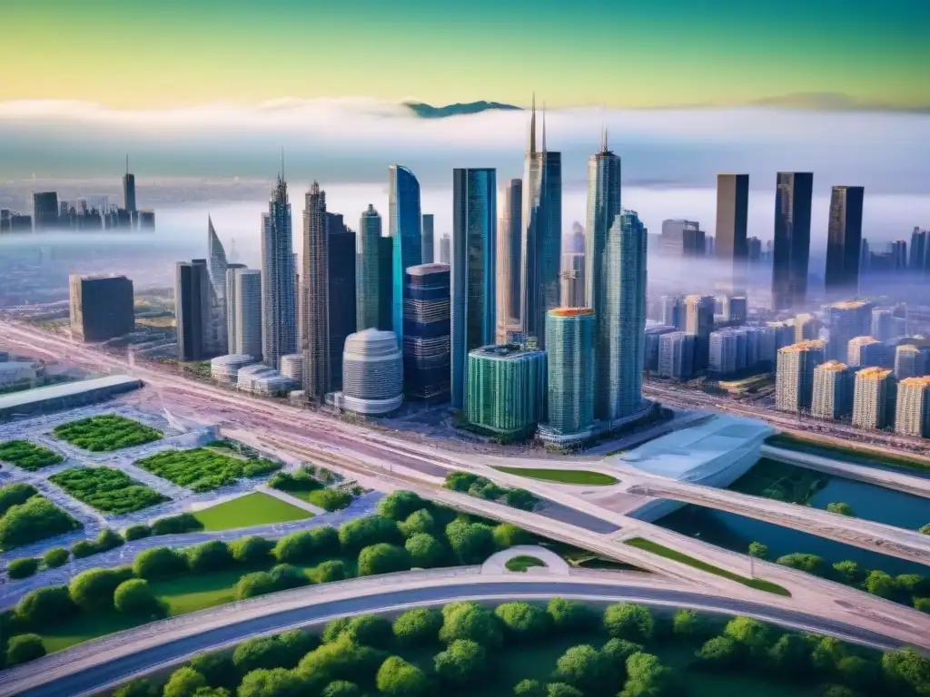 Plan maestro: skyline urbano sofisticado y moderno Detalles arquitectónicos modernos de una ciudad, mostrando una identidad visual cohesiva en el mercado inmobiliario