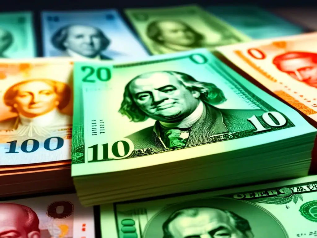 Detalles únicos: Diversidad de billetes internacionales en crisis Detalles asombrosos de billetes internacionales apilados, simbolizando la complejidad de la inversión inmobiliaria internacional en crisis