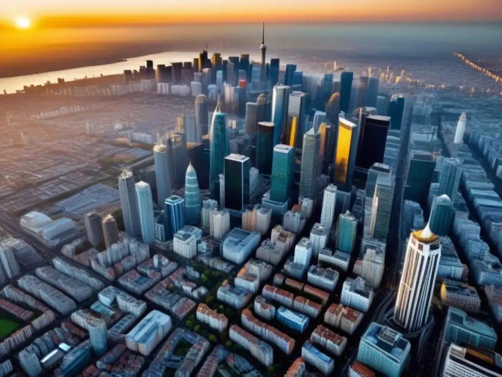 Metrópolis diversa: luces y sombras del mercado inmobiliario global Diferencias legales mercado inmobiliario internacional: Un paisaje urbano diverso con impactantes contrastes arquitectónicos bajo la luz del atardecer