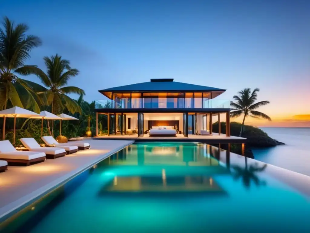 Villa de lujo en el Caribe: atardecer dorado frente al mar Transformación digital mercado inmobiliario caribeño: Lujosa villa frente al mar caribeño con vistas panorámicas y ambiente exclusivo al atardecer