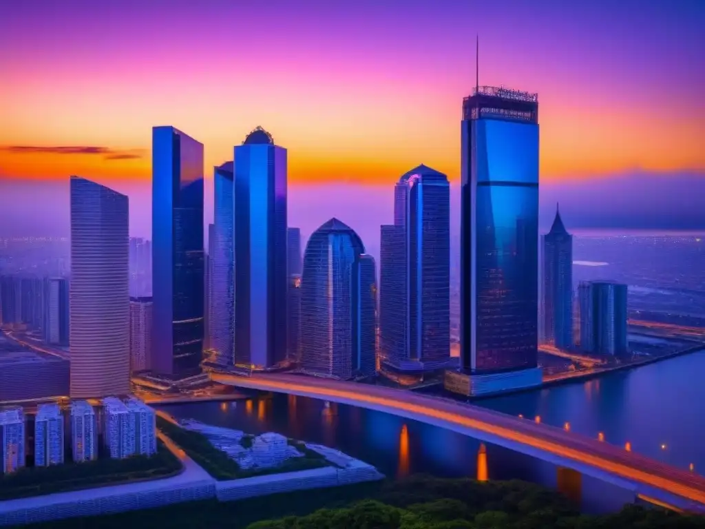 Horizonte urbano ultramoderno al atardecer Transformación digital mercado inmobiliario: Ciudad futurista al atardecer con rascacielos brillantes contra un cielo colorido