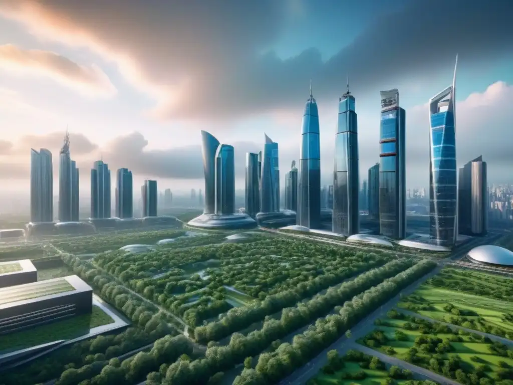 Metrópolis futurista: Integración digital y naturaleza Transformación digital en el mercado inmobiliario: Ciudad futurista con rascacielos, tecnología y naturaleza