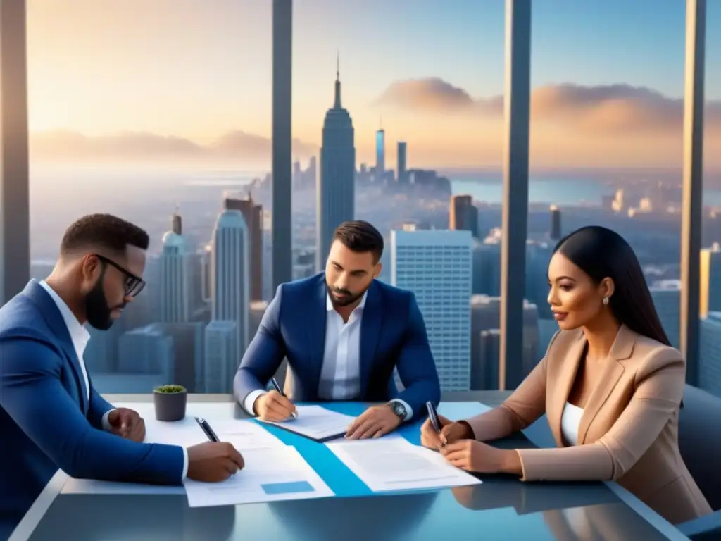Inversionistas internacionales analizan leyes de sucesión inmobiliaria Una ilustración digital moderna y elegante de inversores internacionales discutiendo leyes de sucesión inmobiliaria
