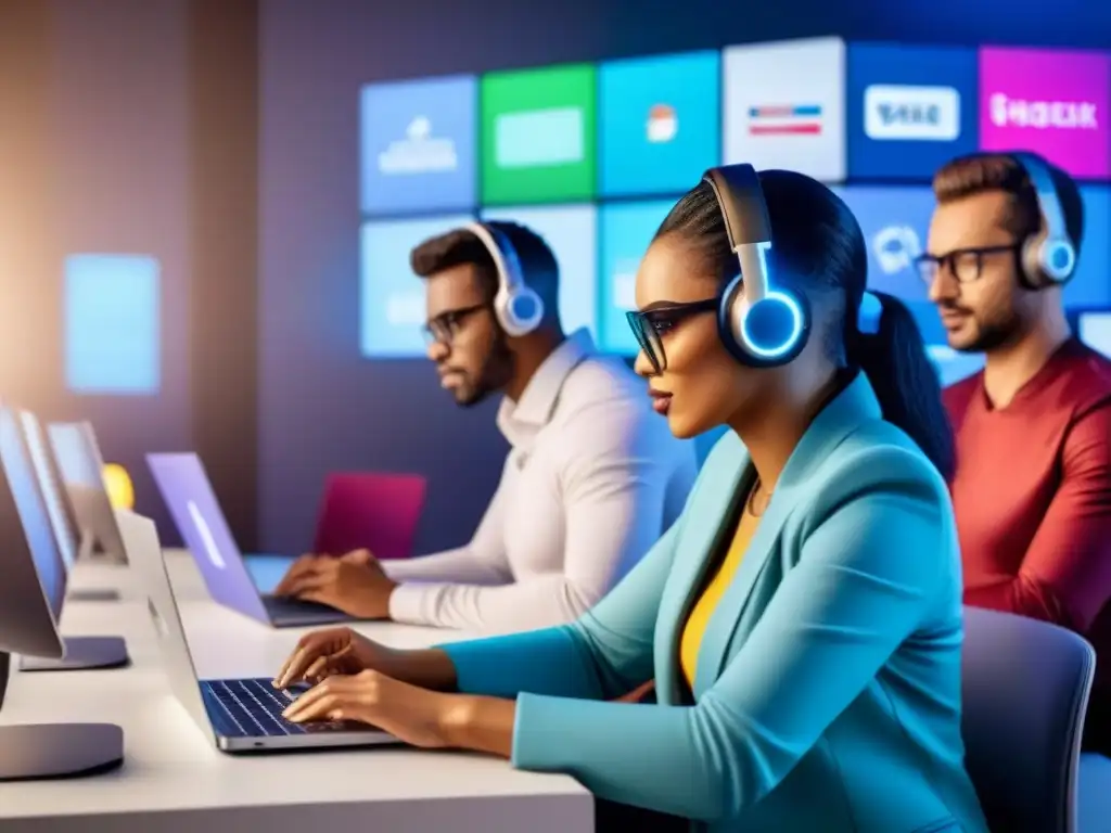Gestión de comunidades online: diversidad y tecnología en acción Una ilustración digital vibrante y moderna de un grupo diverso gestionando una comunidad en línea propiedad vacacional con herramientas innovadoras