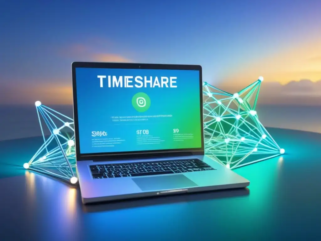 Red de afiliados en la industria de tiempos compartidos Una ilustración digital vibrante y moderna que muestra una red de sitios web y plataformas de redes sociales interconectadas, simbolizando el concepto de marketing de contenido para tiempo compartido