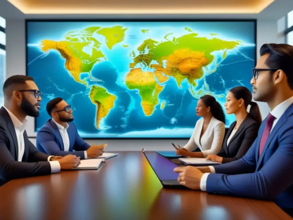 Una ilustración digital vibrante muestra profesionales diversos debatiendo sobre propiedad internacional en una oficina moderna y sofisticada
