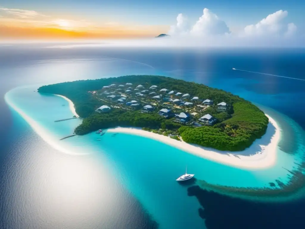 Paraíso privado: isla de lujo con villas, playa y yates al atardecer Due diligence inversiones islas privadas: Vista aérea de isla privada lujosa con villas, playa y yates bajo sol dorado