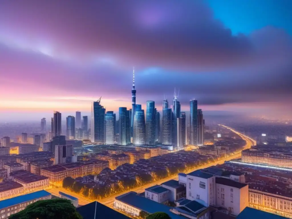 Espectacular metrópolis en crecimiento: skyline vibrante al atardecer Dinámica ciudad al anochecer con rascacielos iluminados, simbolizando oportunidad en fusiones inmobiliarias