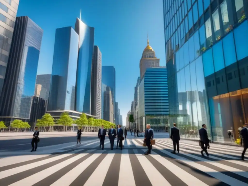 Distrito empresarial internacional: skyline moderno y vibrante Un dinámico distrito de negocios internacionales con profesionales discutiendo afuera de una moderna oficina