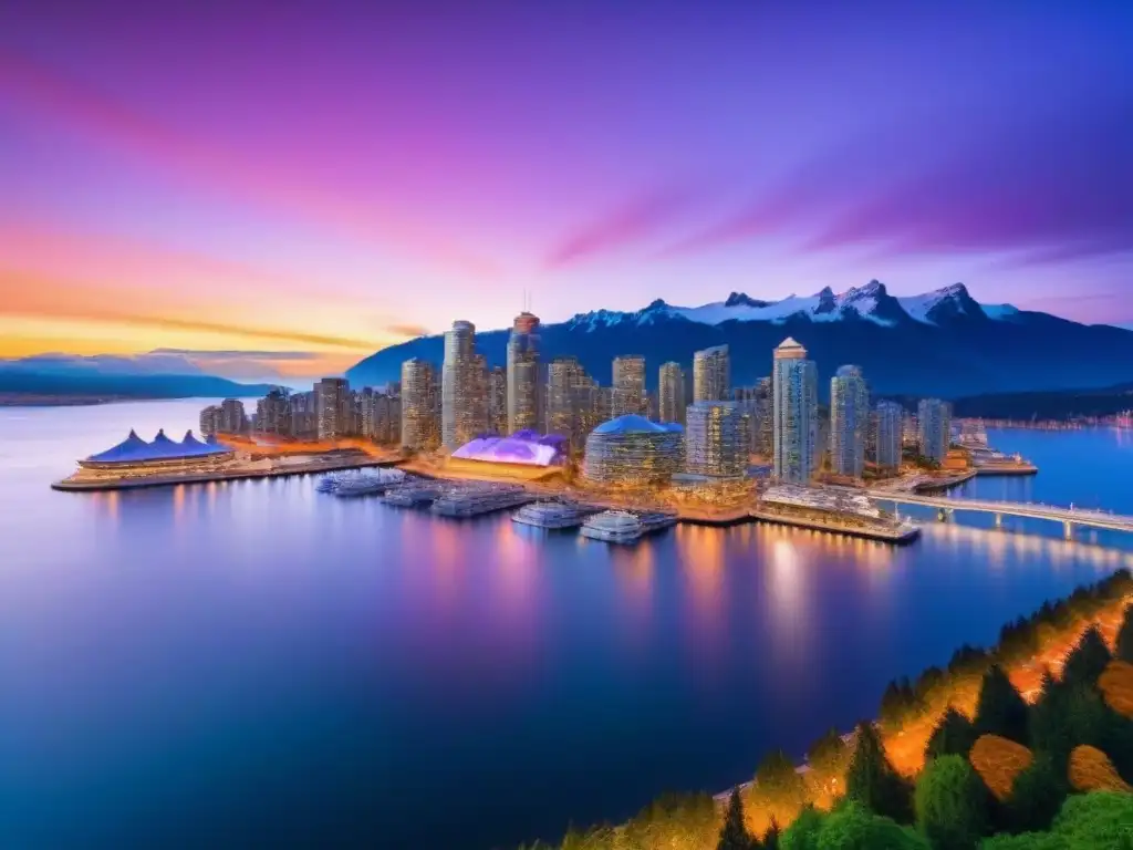 Vibrante skyline de Vancouver al atardecer: iconos arquitectónicos en 8k El dinámico mercado inmobiliario internacional en Canadá se refleja en la icónica silueta de Vancouver al anochecer