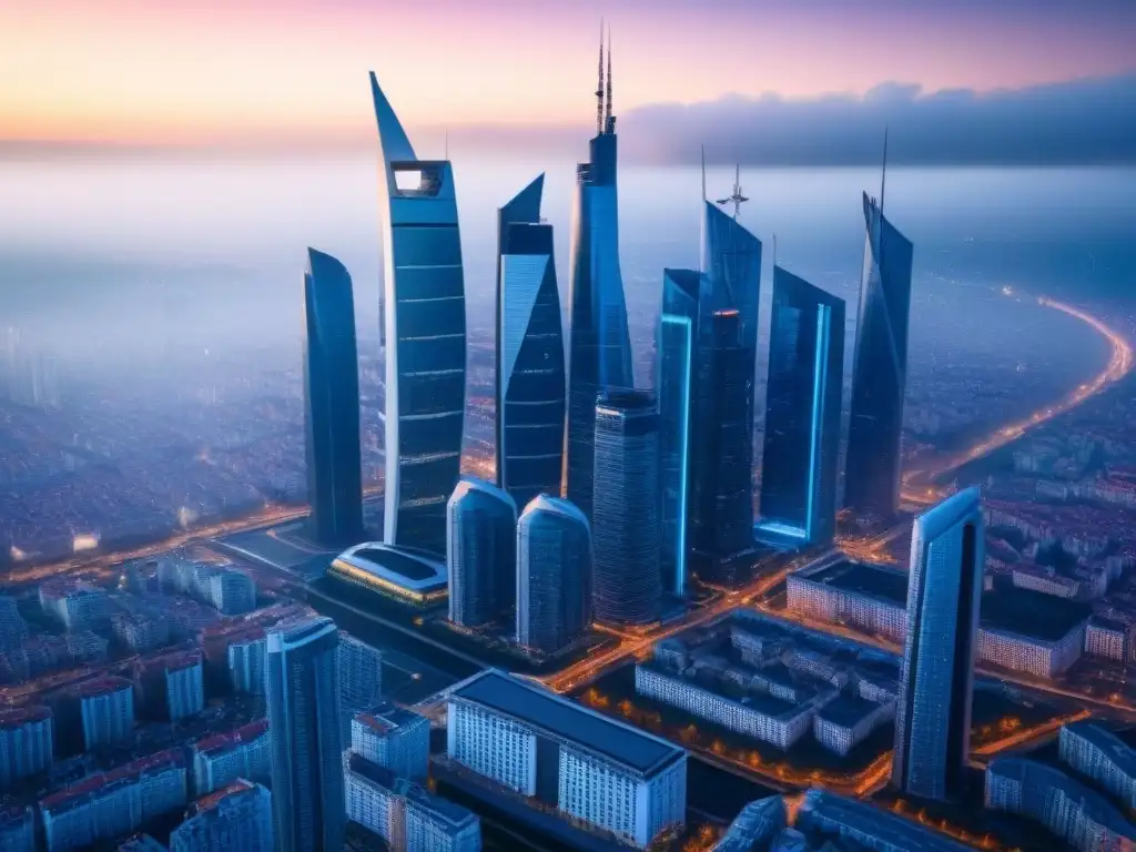 Horizonte futurista de Europa del Este: inversión inmobiliaria El dinamismo del mercado inmobiliario en Europa del Este se refleja en esta impactante imagen de un skyline futurista