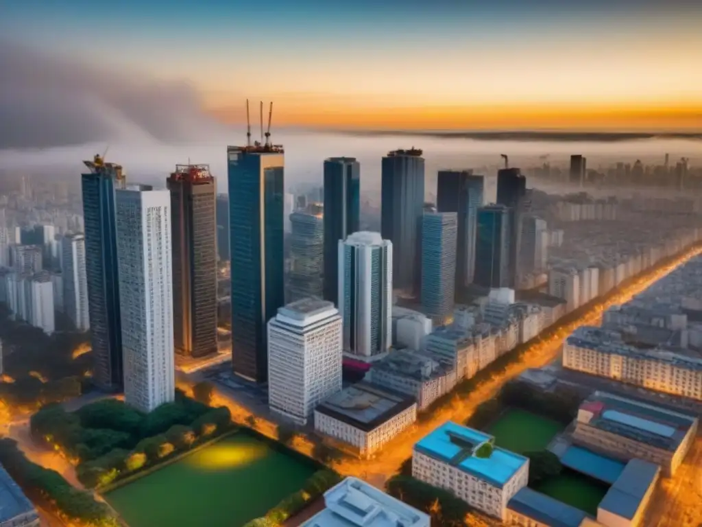 Vibrante ciudad latinoamericana: luces y sombras en el atardecer El dinamismo de los mercados inmobiliarios en América Latina se refleja en esta vibrante ciudad al atardecer