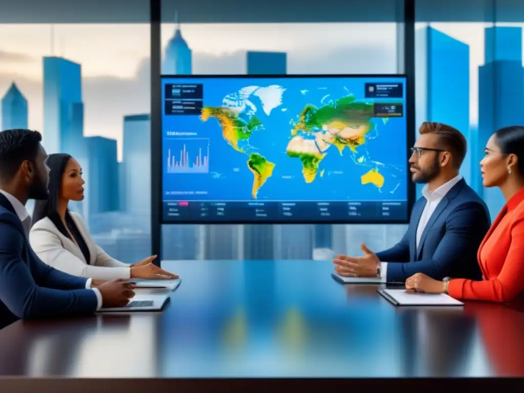 Reunión estratégica de ejecutivos globales en sala de juntas moderna Una discusión acalorada de ejecutivos globales en una sala de juntas moderna, rodeados de tecnología y gráficos financieros