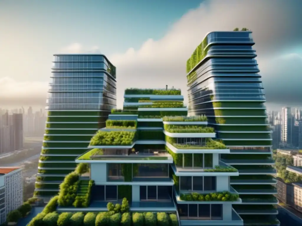 Edificio futurista en 3D con elementos sostenibles Un diseño arquitectónico futurista de un rascacielos con tecnología 3D para construcción inmobiliaria, con paneles solares y muros verdes