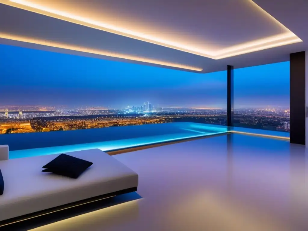Arquitectura futurista de lujo: diseño innovador y tecnología de vanguardia Un diseño arquitectónico de lujo con tecnología vanguardia, líneas elegantes, superficies reflectantes y sofisticada iluminación colorida