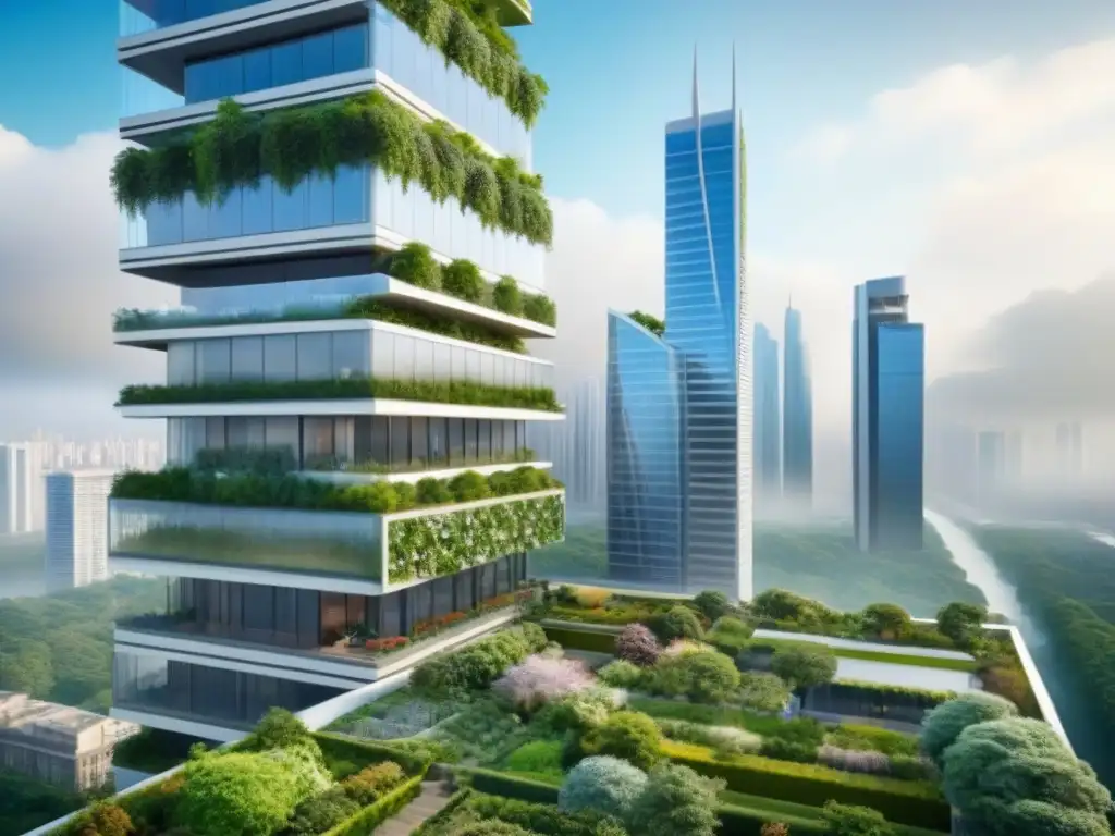 Rascacielos futurista con jardines verticales integrados Un diseño arquitectónico moderno fusiona lo tradicional y futurista en un rascacielos