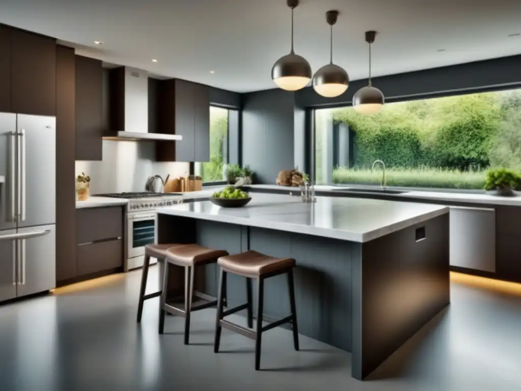 Cocina moderna con isla de mármol y vistas al jardín Diseño de cocina moderna con isla amplia, luces colgantes y vistas al jardín
