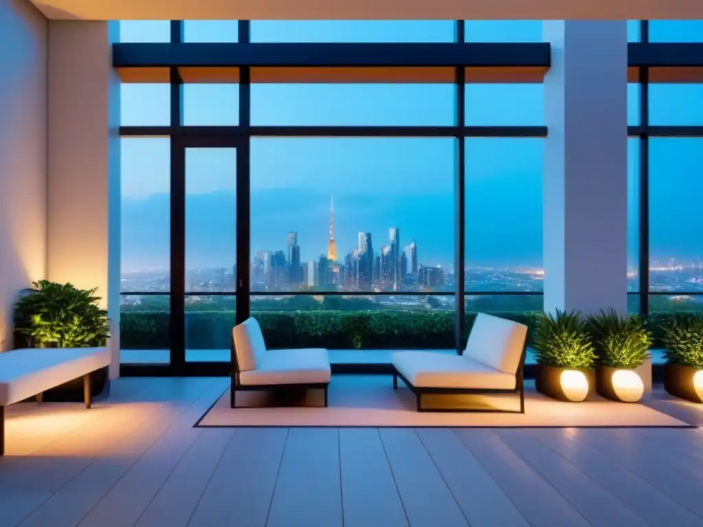 Edificio moderno de lujo con vistas a la ciudad al atardecer Diseño de edificio moderno con ventanales de piso a techo, rodeado de naturaleza y terraza elegante
