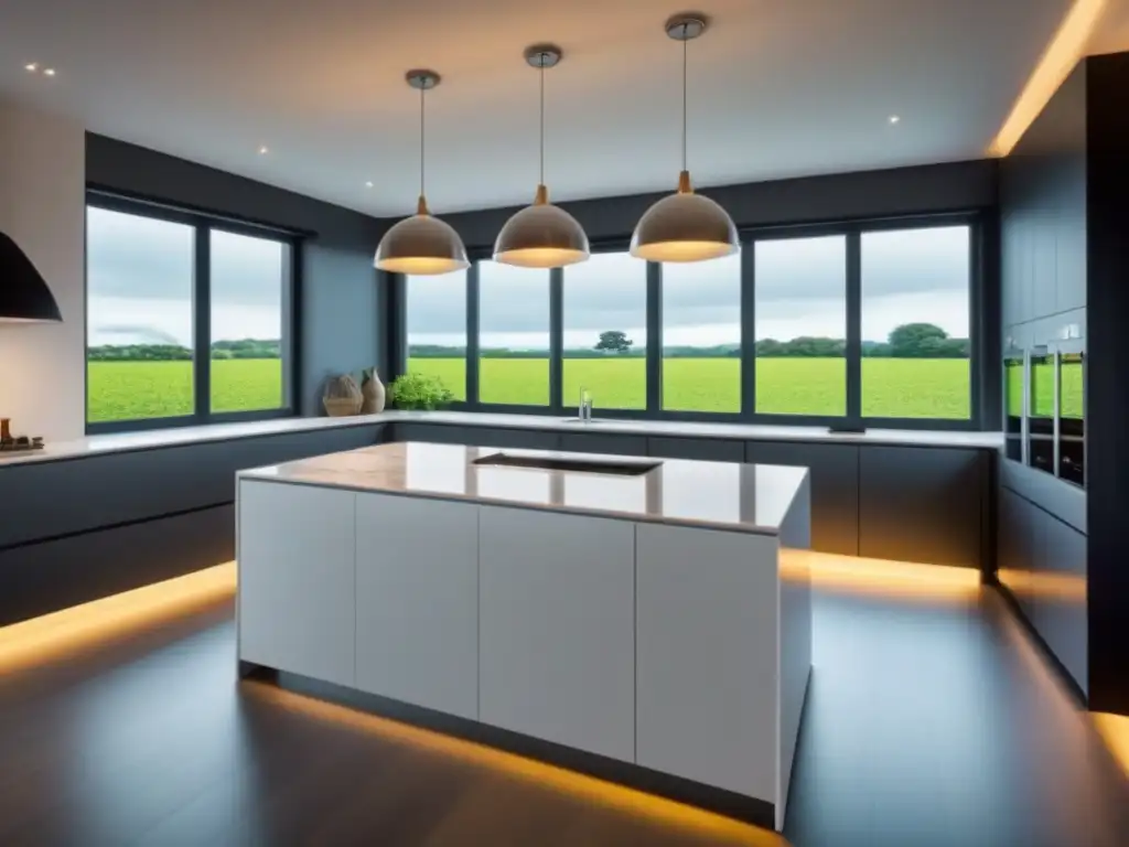Cocina moderna y elegante: diseño minimalista con luz natural Diseño elegante de cocina moderna con isla y luz colgante, ideal para renovación de cocinas para inversores