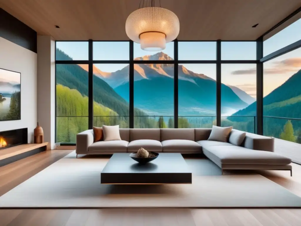 Salón de lujo con vistas a la montaña en residencia en América del Norte Diseño elegante de segunda residencia en Norteamérica con vista a montañas, luz natural y tonos cálidos