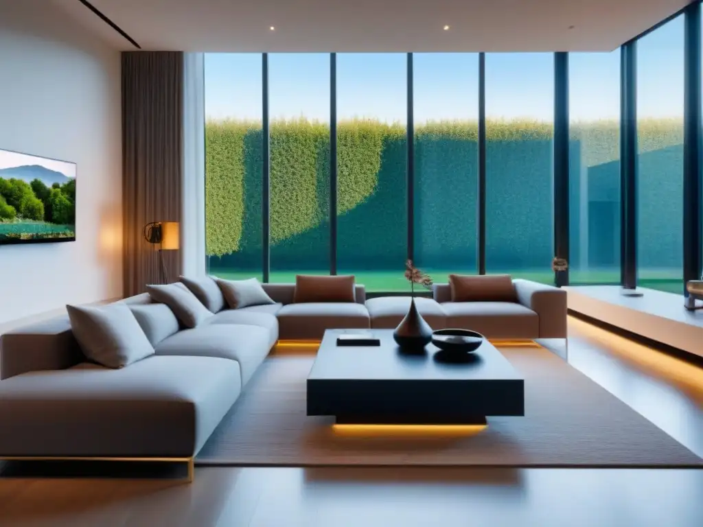 Salón de lujo con dispositivos inteligentes y diseño vanguardista Diseño moderno de sala de estar de lujo con domótica en el mercado inmobiliario