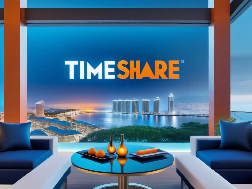 Campaña de tiempos compartidos: diseño moderno y sofisticado con paleta de colores vibrante Un diseño moderno y sofisticado para marketing efectivo de tiempo compartido, con tonos azules, toques de naranja y logotipo de relojes entrelazados