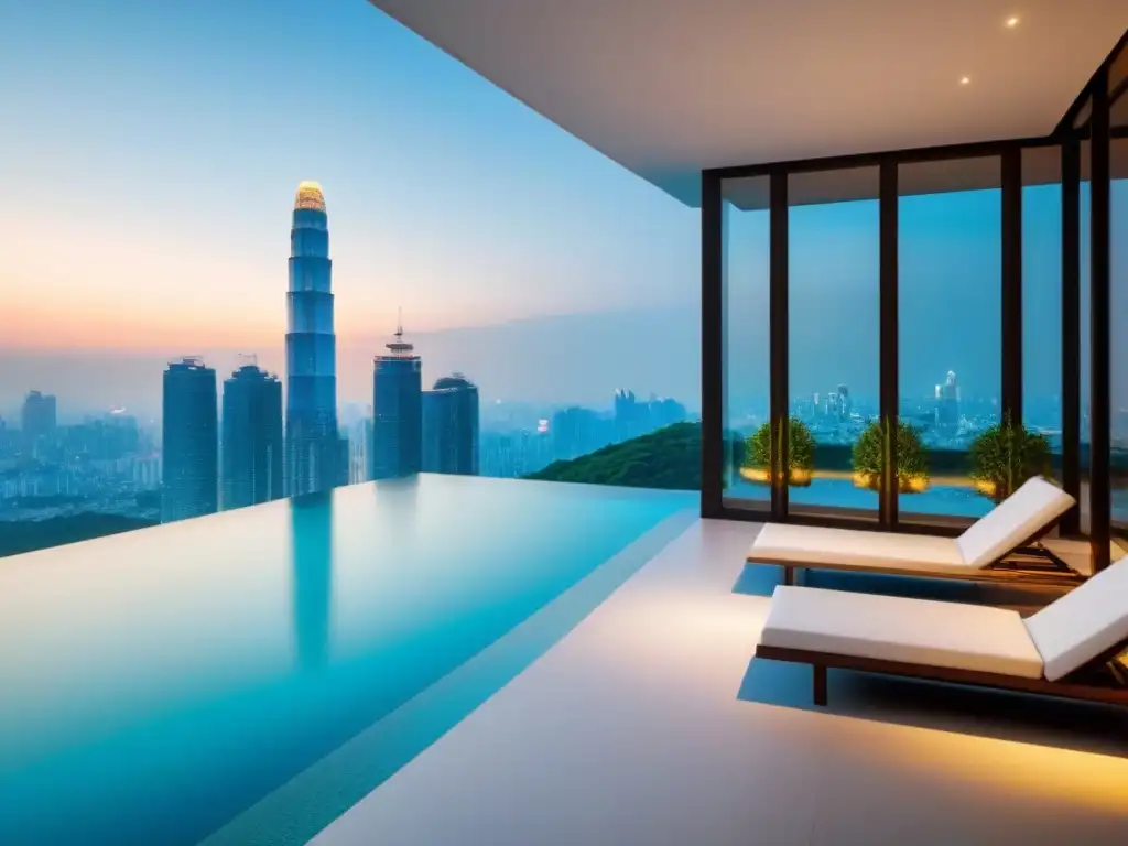 Condominio de lujo en ciudad asiática: arquitectura moderna y vistas panorámicas Diseño de propiedades de lujo en un condominio de alto standing en una bulliciosa ciudad asiática, con vistas panorámicas y moderna arquitectura