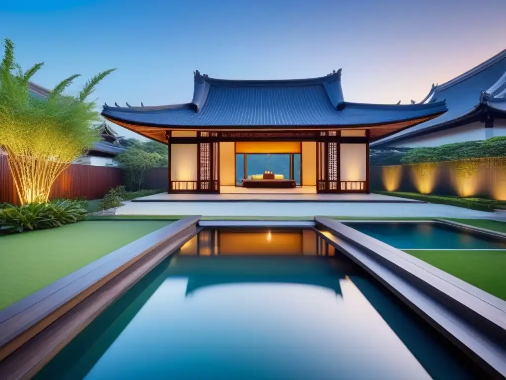 Propiedad de lujo: fusión armónica entre tradición asiática y modernidad Diseño de propiedades de lujo: Casa moderna con elementos asiáticos tradicionales, jardín zen y detalles arquitectónicos elegantes