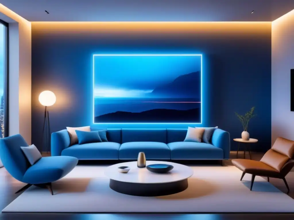 Sala futurista con IA y diseño minimalista Diseño de propiedades con IA: Sala futurista con muebles minimalistas y tecnología inteligente