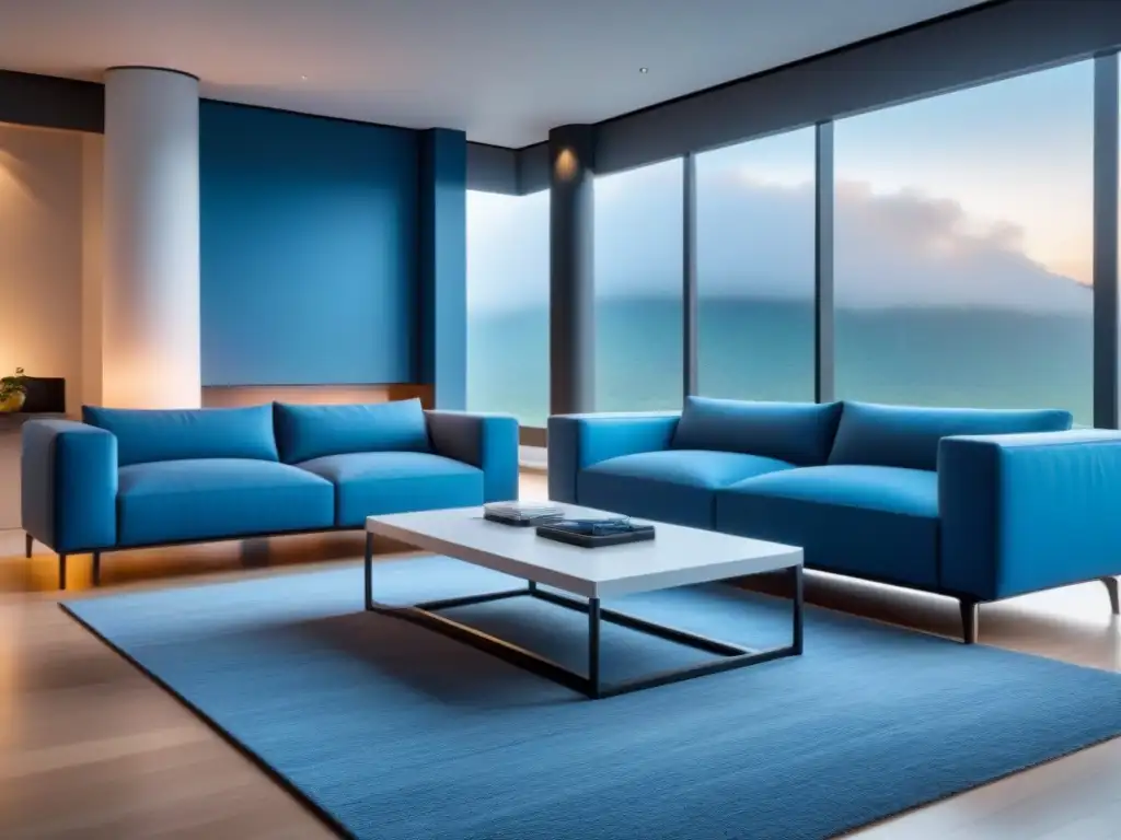 Diseño de sala futurista con tecnología AI integrada y estética minimalista en azules y grises Diseño de propiedades con IA: Sala de estar futurista con tecnología inteligente, líneas limpias y paleta de azules y grises