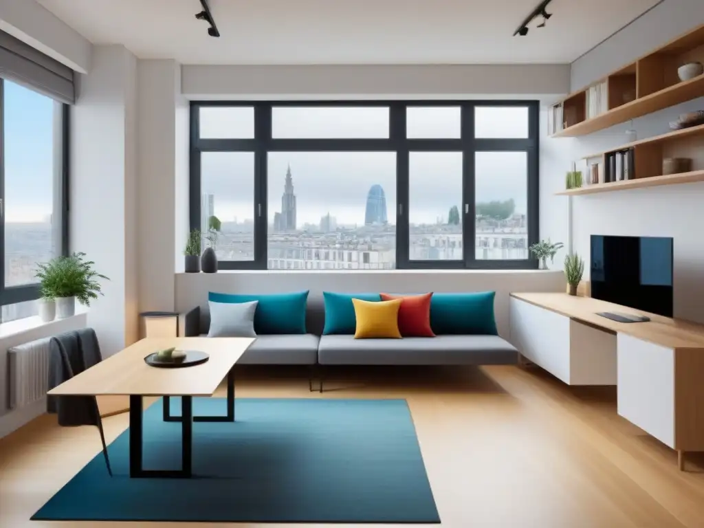 Estudio moderno con muebles multifuncionales innovadores Diseño residencial con optimización de espacios multifuncionales en un moderno y elegante apartamento estudio