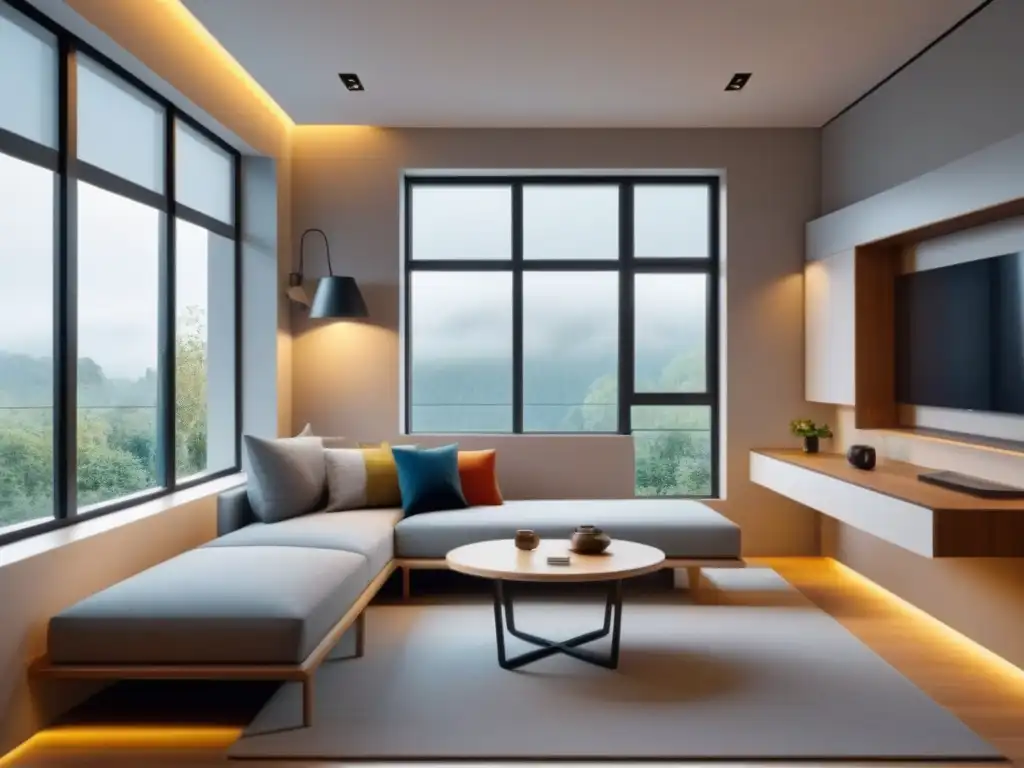 Salón moderno y versátil con muebles multifuncionales en 8k Diseño residencial con optimización de espacios multifuncionales en sala moderna y elegante