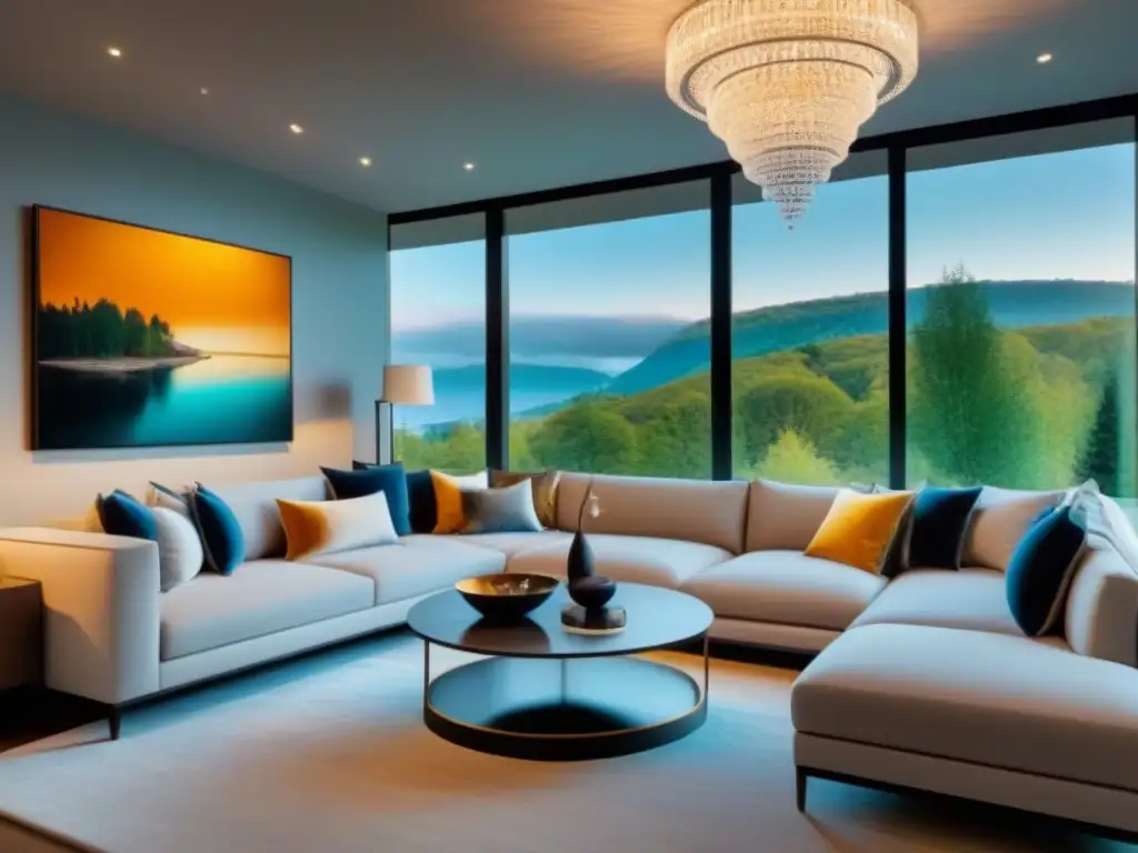 Sala de lujo en residencia en Norteamérica: sofá, decoración y arte Diseño de segunda residencia en Norteamérica: sala moderna lujosa con detalles elegantes y cálida iluminación