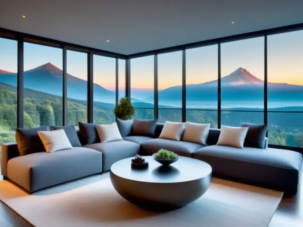 Salón de lujo con vistas a la montaña en Norteamérica Diseño de segunda residencia en Norteamérica: sala moderna con vista a montañas, sofá elegante y decoración chic