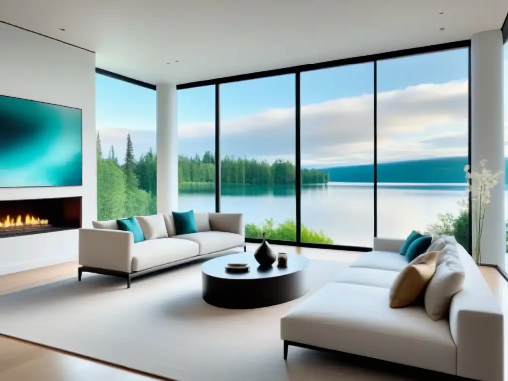 Salón de lujo con vista al lago en América del Norte Diseño de segunda residencia en Norteamérica: Sala de estar moderna y lujosa con vista al lago y decoración elegante