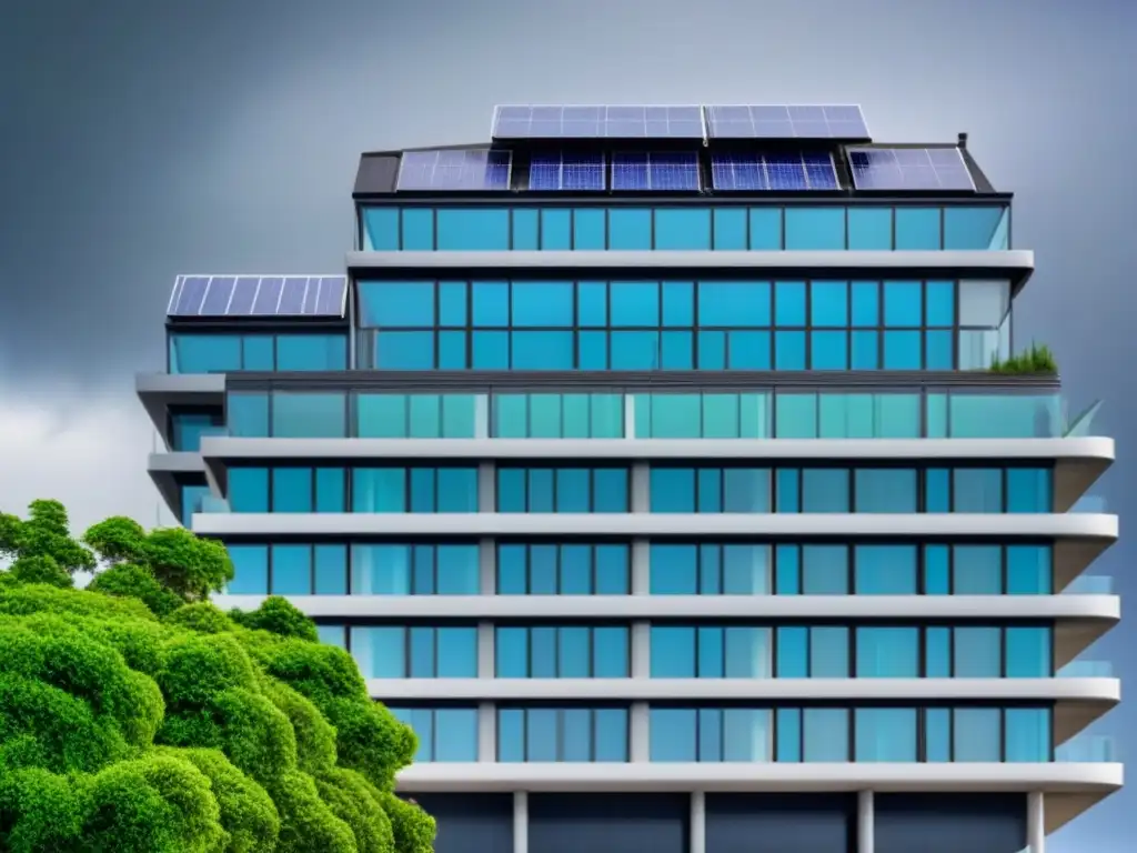Edificio sostenible resistente a tormentas Diseño sostenible frente desastres naturales: Edificio ecoamigable resistente a la tormenta con paneles solares y techos verdes