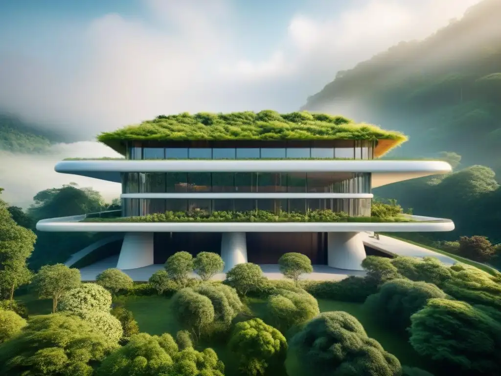 Arquitectura futurista integrada en paisaje verde Diseño sostenible inspirado en naturaleza: Edificio futurista integrado en paisaje verde con patrones orgánicos