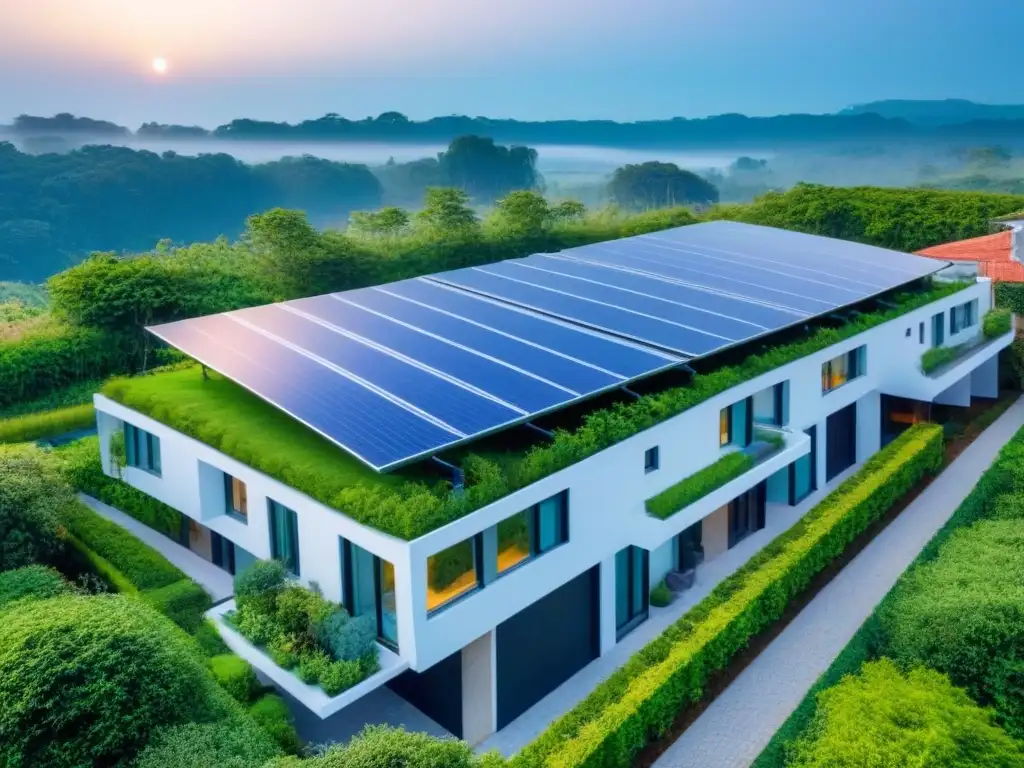 Diseño sostenible con paneles solares y vegetación