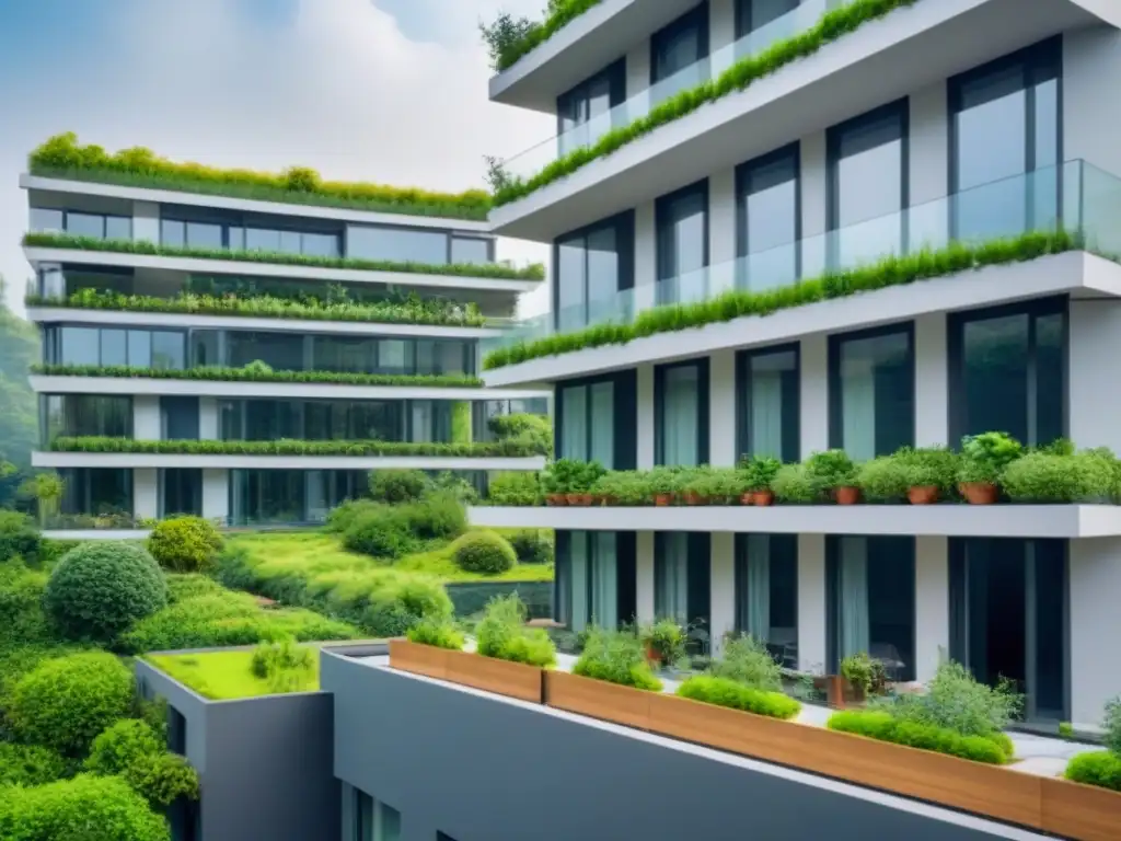 Edificio residencial ecoamigable en entorno natural Diseño sostenible en propiedades inmobiliarias: Edificio moderno rodeado de naturaleza, paneles solares y jardines colgantes