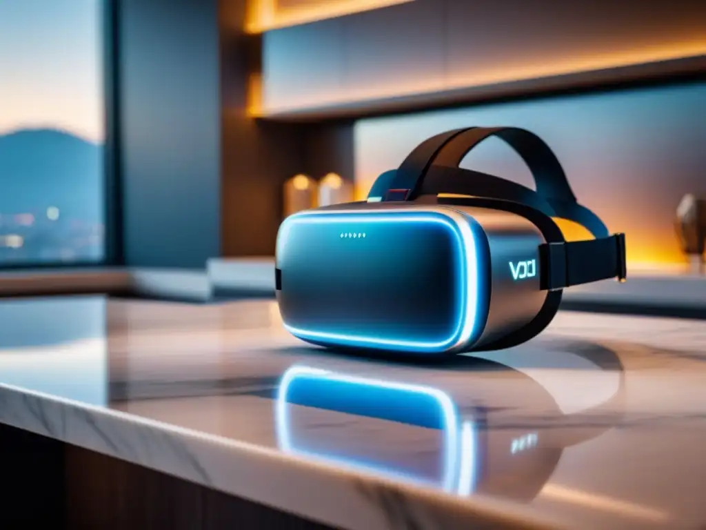 Realidad virtual inmobiliaria de lujo en 3D Dispositivo de realidad virtual futurista proyectando propiedad inmobiliaria de lujo en holograma