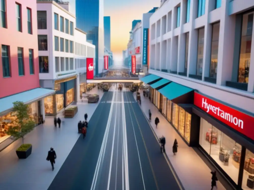 District comercial futurista al atardecer en ciudad internacional Un distrito comercial internacional vibrante y moderno al atardecer, reflejando la inversión en centros comerciales en el mercado internacional