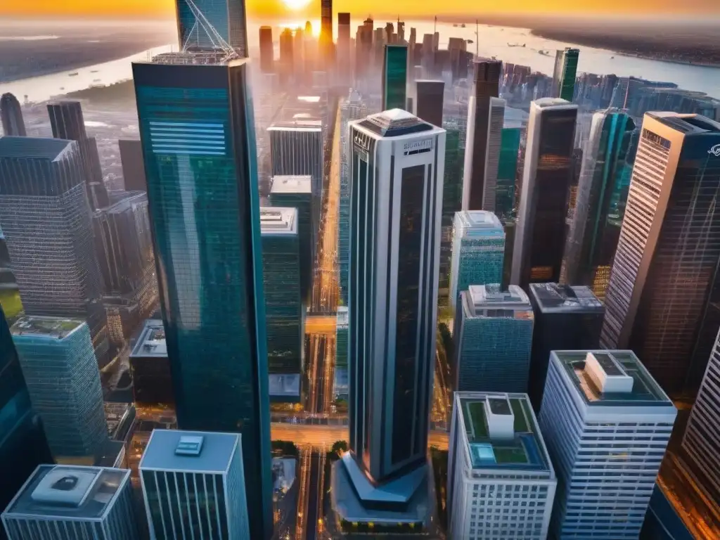 Atardecer en Distrito Financiero: Redes Globales en Acción Un distrito financiero global bullicioso al atardecer, reflejando la energía vibrante de un hub financiero internacional