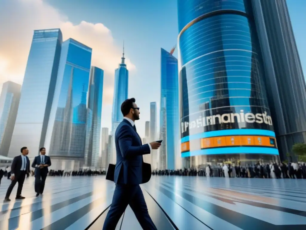 Distrito de rascacielos modernos: inversión inmobiliaria internacional Un distrito moderno de rascacielos en una ciudad internacional, con gente de negocios y datos financieros