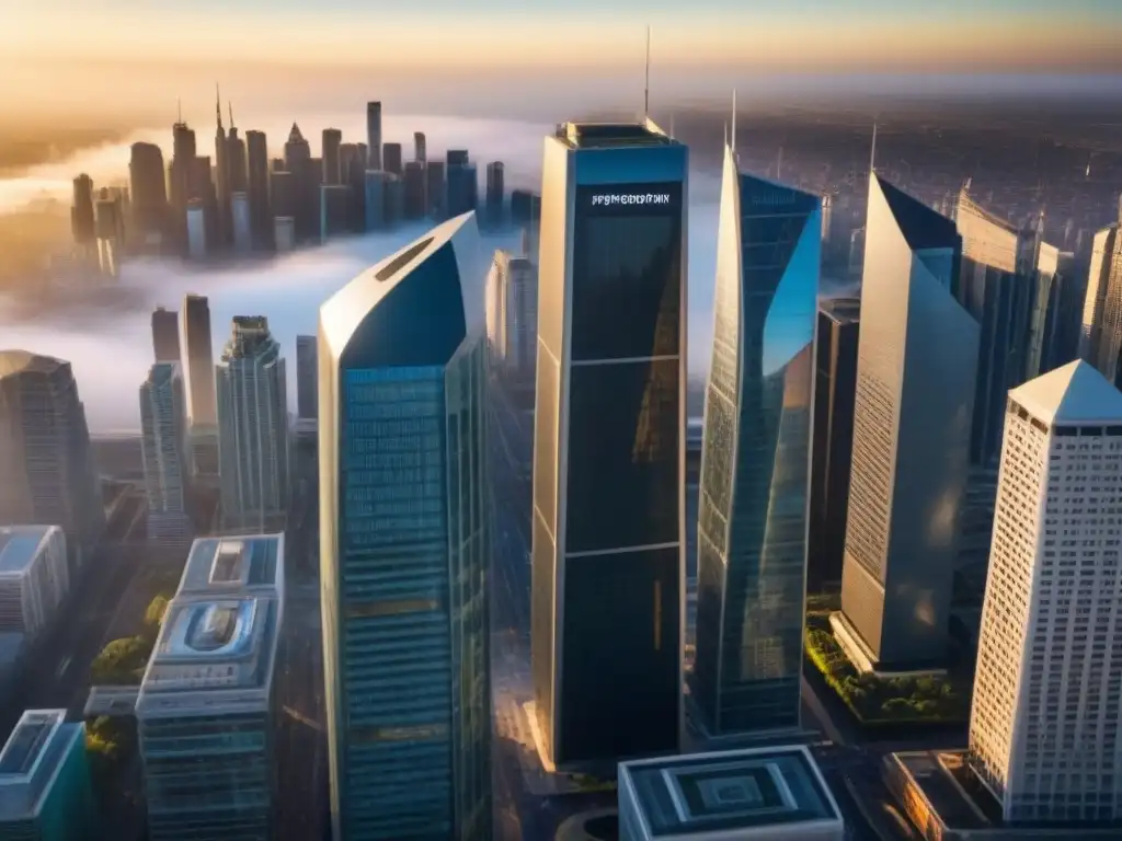 Distrito financiero global: innovación y comercio internacional Un distrito de negocios internacional bullicioso con rascacielos modernos al atardecer