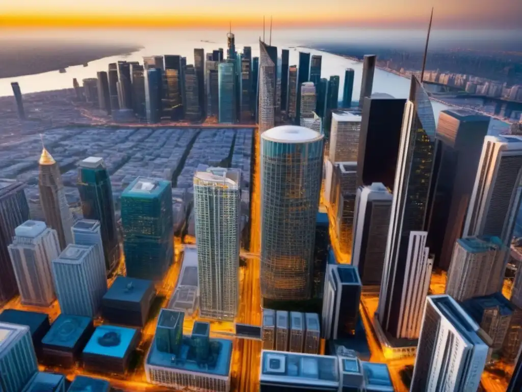 Distrito empresarial global: atardecer entre rascacielos Un distrito de negocios internacional bullicioso al atardecer, con rascacielos modernos reflejando los tonos dorados del sol y una red de carreteras iluminadas simbolizando la red de contactos internacionales postcrisis