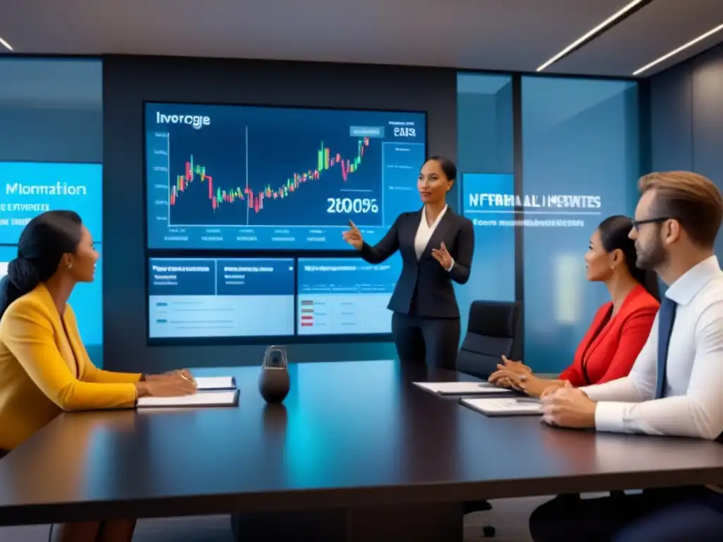 Inversionistas globales planifican riesgos en sala de juntas futurista Diversidad y colaboración en gestión de riesgos hipotecarios internacionales en una sala de juntas moderna y tecnológica
